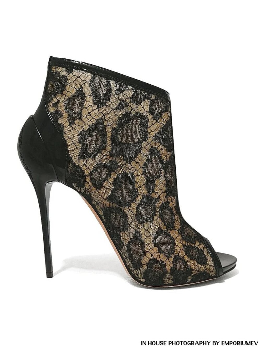 Alexander McQueen Black Lace and Patent Leather Peep Toe Ankle Heeled Booties